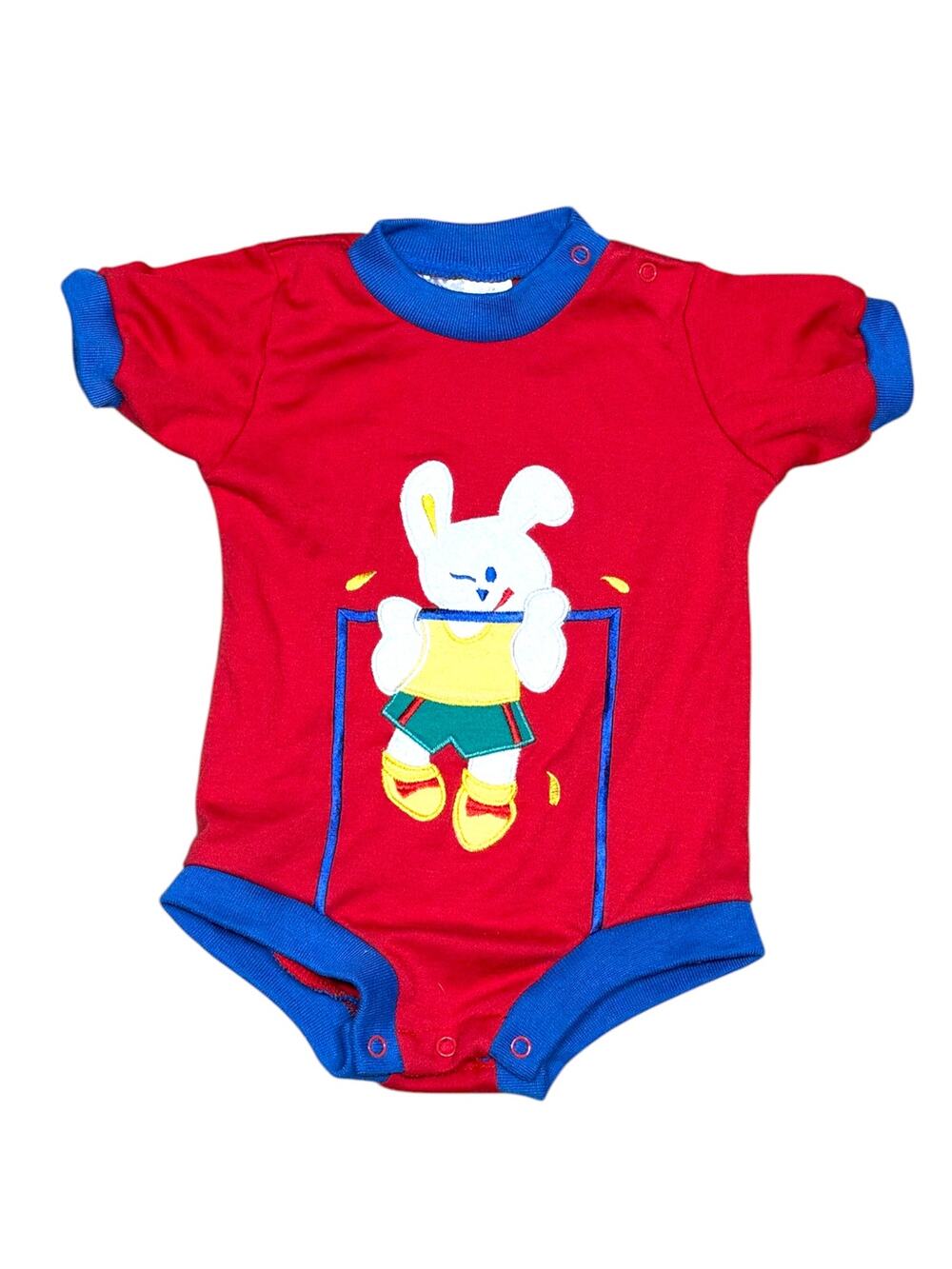 Vintage 80s McKids Baby Ringer Bunny Bodysuit Romper Red Blue 24 mo